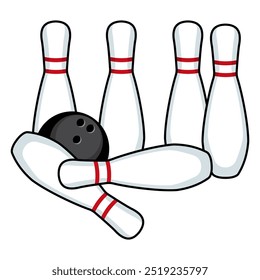 Black bowling ball with white bowling pins in flat style