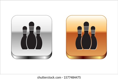 Black Bowling pin icon isolated on white background. Silver-gold square button. Vector Illustration