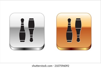 Black Bowling pin icon isolated on white background. Juggling clubs, circus skittles. Silver and gold square buttons. Vector