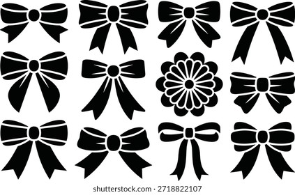 Surtido de arcos negros, elemento gráfico, adorno de flores, cintas decorativas, símbolos festivos
