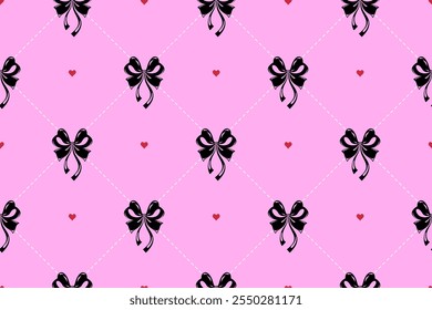 Black bows seamless pattern with cute red hearts on pink background
