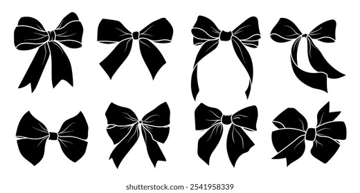  Black bows, tied ribbons, bow ties. Set of vector flat illustrations