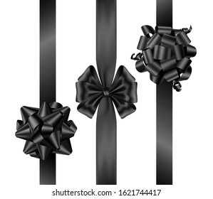 Black bows with vertical ribbons top view set. Collection of festive elements for wrapping gift boxes or friday sale decoration design isolated on white background. Realistic 3d vector illustration