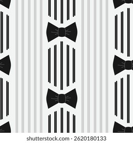 Black Bows and Vertical Silver Gray Stripes on a White background creating a seamless pattern print background