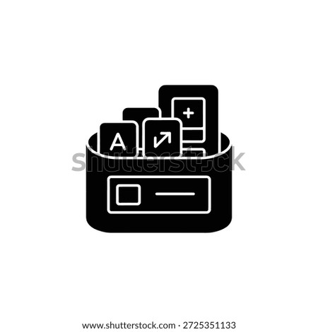 Black box containing a white plus symbol, letter A, arrow icons. Outlined business box and icons on a transparent background.