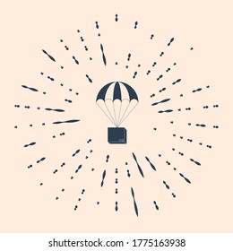 Black Box flying on parachute icon on beige background. Parcel with parachute for shipping. Delivery service, air shipping concept, bonus concept. Abstract circle random dots. Vector Illustration