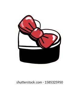 Black box with a gift in the shape of a heart with red a bow. Vector cartoon illustration. Surprise for Valentine's Day. Design postcard, invitation, sticker, logo, tattoo, print t shirt, flier.