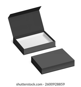 Black box with magnetic close. Vector illustration isolated on white background. Taking your 2D designs into 3D. Can be use for gift box, luxury, cosmetics, electronics and other goods. EPS10.