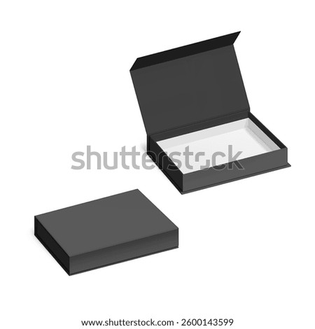 Black box with magnetic close. Vector illustration isolated on white background. Taking your 2D designs into 3D. Can be use for gift box, luxury, cosmetics, electronics and other goods. EPS10.