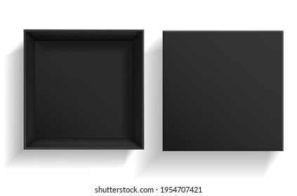 Black Box. Open and closed gift presentation boxes top view. Empty cardboard 3d packaging. Geometric square surprise container, mockup for presents and goods storage vector illustration