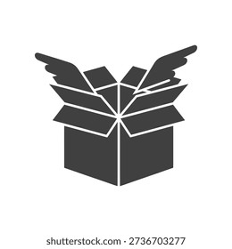 Black box with open lid and wings protruding from it, symbolizing freedom and delivery