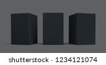Black box package mock-up set. Vector black carton cardboard or paper package boxes, isolated 3D models templates
