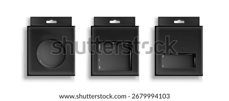 Black box packaging with plastic window cutouts and hanging tabs for retail display on white. Dark cardboard containers with square, circular and rectangular viewing panels for product presentation.