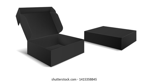 Black box packaging. Side view open and closed gift blank boxes. Empty cardboard black product package 3d vector isolated simple template