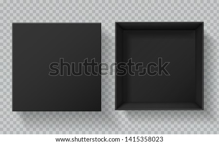 Black box packaging. Top view open and closed gift presentation boxes. Empty cardboard black carton package 3d vector mockup