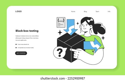 Black box testing web banner or landing page. Software testing methodology. IT specialist searching for bugs in code. Website and application development. Flat vector illustration