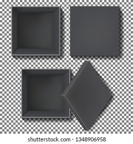 Black box vector illustration of realistic 3D cardboard or carton paper square empty package with open cap. Top view isolated mockup model on transparent background