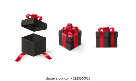 Black boxes with red ribbons. 3d style illustration
