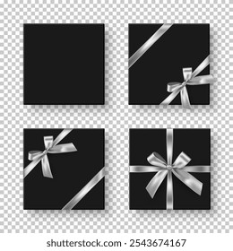 Black boxes with silver ribbons and bow. Silver wrapping decorations on transparent background. Collection of gift box decoration. Realistic 3d vector illustration set.