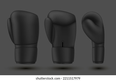 Black boxing glove front side view set realistic vector illustration. Hand protective equipment for fighting sport. Athletic fist safety hitting wear boxer training power exercise fitness sportswear