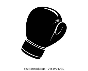 Silueta de guante de boxeo negro. Ilustración gráfica en blanco y negro de guante deportivo. Icono, logotipo, signo, pictograma, impresión. Concepto de equipo deportivo, potente punch. Aislado sobre superficie blanca