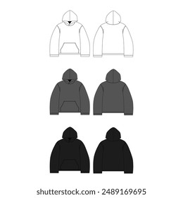 Schwarz Boxy Hoodie Mockup Vorlage Streetwear Oversized Hoodie Vektorgrafik Flache technische Illustration Boxy Hoodie Mode Design Vorlage Vektorgrafik CAD Boxy Hoodie Mock-up
