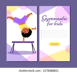 Black boy with afro hair do cartwheel acrobatics or handstand on the pommel horse gym equipment. Cartoon vector illustration, vertical banner for smart phone. Gymnastic classes for kids flyer.