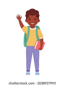 Black boy with backpack and book going to the school. Boy smiling and waving hand. Elementary school student. Vector illustration