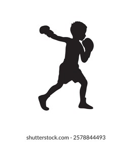 Black Boy boxing silhouette vector illustration on white background.