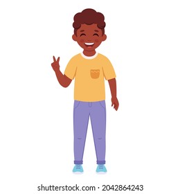 Black Boy With Braces On Teeth. Elementary School Student. Vector Illustration