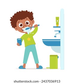 A black boy brushes his teeth. Child and oral hygiene. Vector flat cartoon isolated illustration