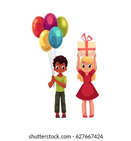 Black boy with bunch of balloons and blond girl holding birthday gift, cartoon vector illustration isolated on white background. Two kids, boy and girl, celebrating birthday, holding balloons and gift