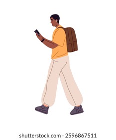 Black boy carries backpack, scrolls social networks in phone on the go. Young man holds smartphone, listens to music with headphones during walk. Flat isolated vector illustration on white background