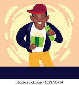 Black-Boy Cartoon Eröffnungsgeschenk Design. Fröhliche Geburtstagsfeier Dekoration, festliche Party und Überraschungsthema. Vektorgrafik