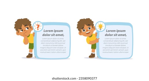 black boy character cartoon design with question and idea text box frame for message illustration vector. Education concept.