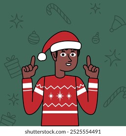 black boy in a Christmas sweater pointing his hands up