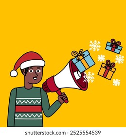 black boy in a Christmas sweater smiling and holding a megaphone in her hand