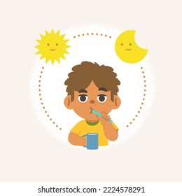 a black boy cleaning teeth with toothbrush by brushing teeth with circle and sun and moon, meaning is daily routine daytime and nighttime brushing teeth. illustration cartoon character vector design.