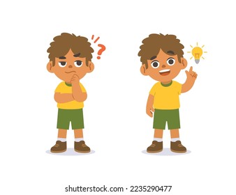 The black boy was confused, wondered, had a problem, and tried to answer and The girl figured out the answer to the problem. illustration cartoon character vector design on white background.