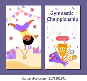 Black boy with curly afro doing cartwheel on podium after winning the first place and gold medal at Kids Gymnastic Championship or Competition. Cartoon vector illustration.