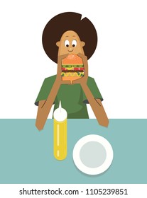 black boy is eating burger design illustration characcter funny