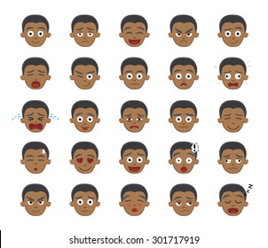 Black Boy Emotion Faces Vector Illustration