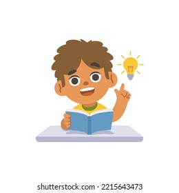 Un chico negro tiene una idea en el escritorio con un libro y una bombilla, ilustración caricatura de diseño vectorial sobre fondo blanco. concepto de niño y educación.