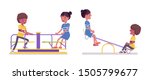 Black boy, girl child 7 to 9 year old on seesaw, carousel. Kids on free time fun in park, garden recreation, home playground activity. Vector flat style cartoon illustration isolated, white background