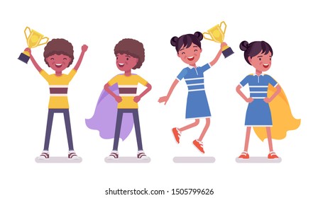 Black boy, girl child 7 to 9 year old, active school age kid wearing red hero cloak with prize enjoying trophy and sport achievements. Vector flat style cartoon illustration isolated, white background