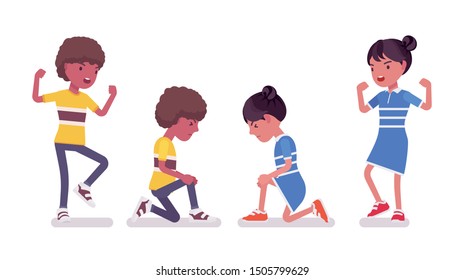 Black boy and girl child 7 to 9 years old, negative mood, injury. Unhappy angry kid crying, feeling hurt and upset with scraped knee. Vector flat style cartoon illustration isolated, white background