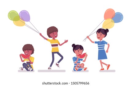 Black boy, girl child 7 to 9 year old, school age kid activity and fun. Children enjoy eating watermelon, holding bright air balloons. Vector flat style cartoon illustration isolated, white background