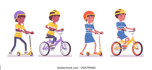 Black boy, girl child 7, 9 years old, school age kid riding kick scooter, bike. Active fun and outdoor recreation with sport vehicle. Vector flat style cartoon illustration isolated, white background