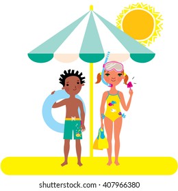 Black Boy And Girl Wearing Swimming Suits And Holding An Ice Cream And Flippers. Children On The Beach.  Vector Illustration. 