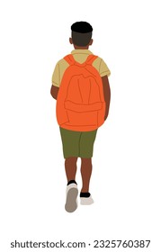 Black boy going to primary or middle school vector illustration  isolated on white background. African american pupil walking with backpack rear view. Back to school concept.